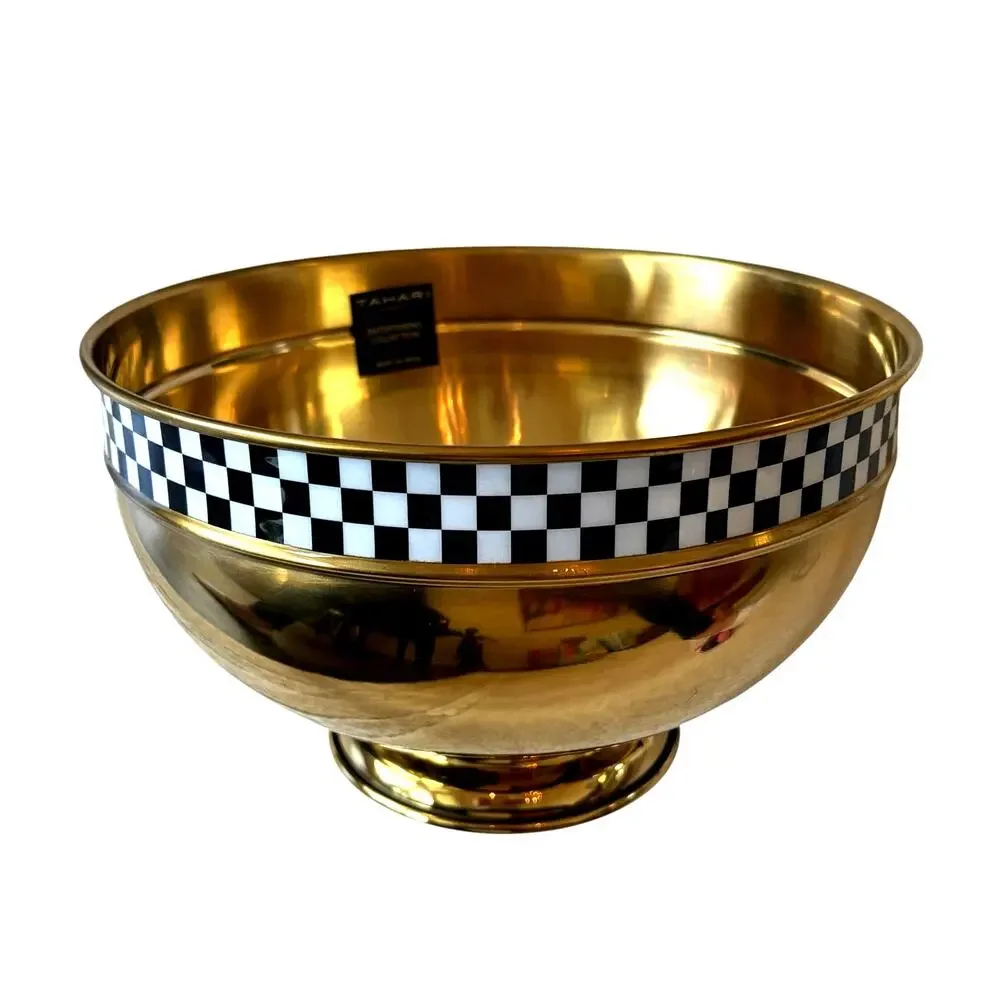 Tahari Home Gold Pedestal Bowl w/ Black White Checkered Band 10.5in NEW